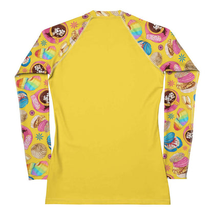 Pan Dulce kawaii rash guard in yellow with golden orejas and sprinkle galletas