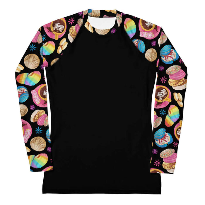 Pan Dulce kawaii rash guard in yellow with polvorón cookies and cocoa swirls