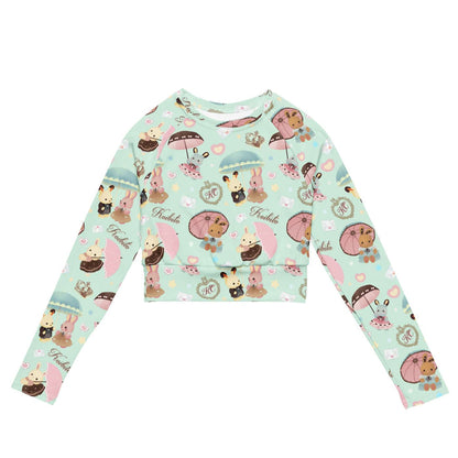 Parasol Bunny kawaii long-sleeved crop top with ruffle-dressed bunnies and tiny hearts