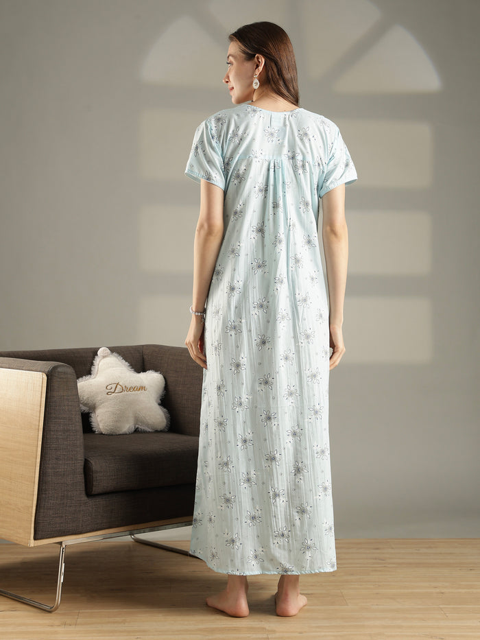 Pastel blue floral pure cotton nighty for summer