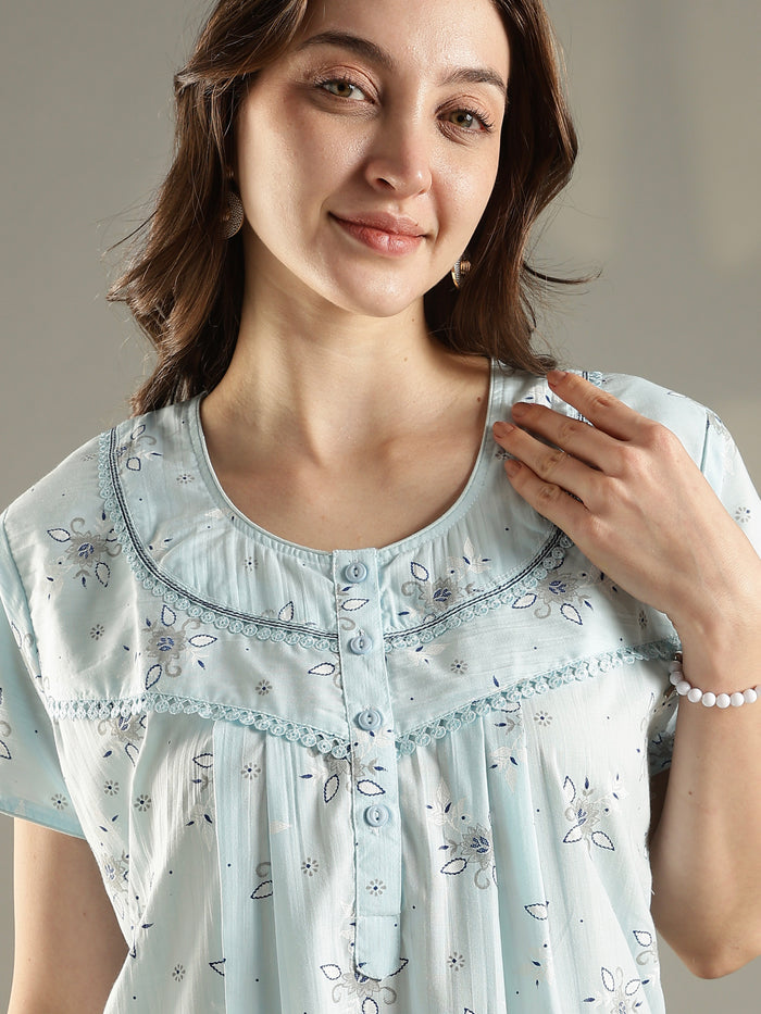Pastel blue floral pure cotton nighty for summer