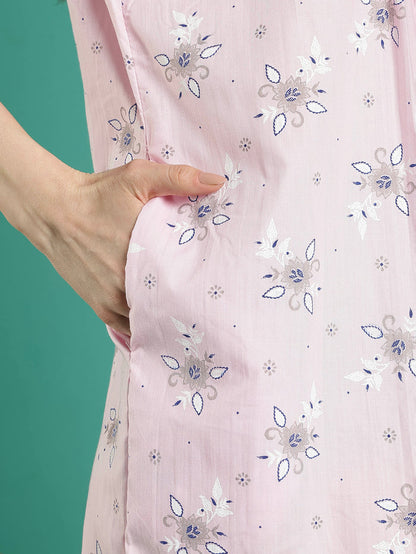 Pastel pink floral 100% pure cotton nighty for women