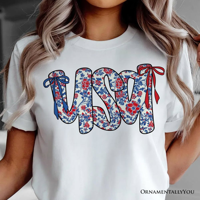 Patriotic USA 4th of July T-Shirt, 250 Year Anniversary Independence Day Tee T-Shirts OrnamentallyYou White XS Floral USA