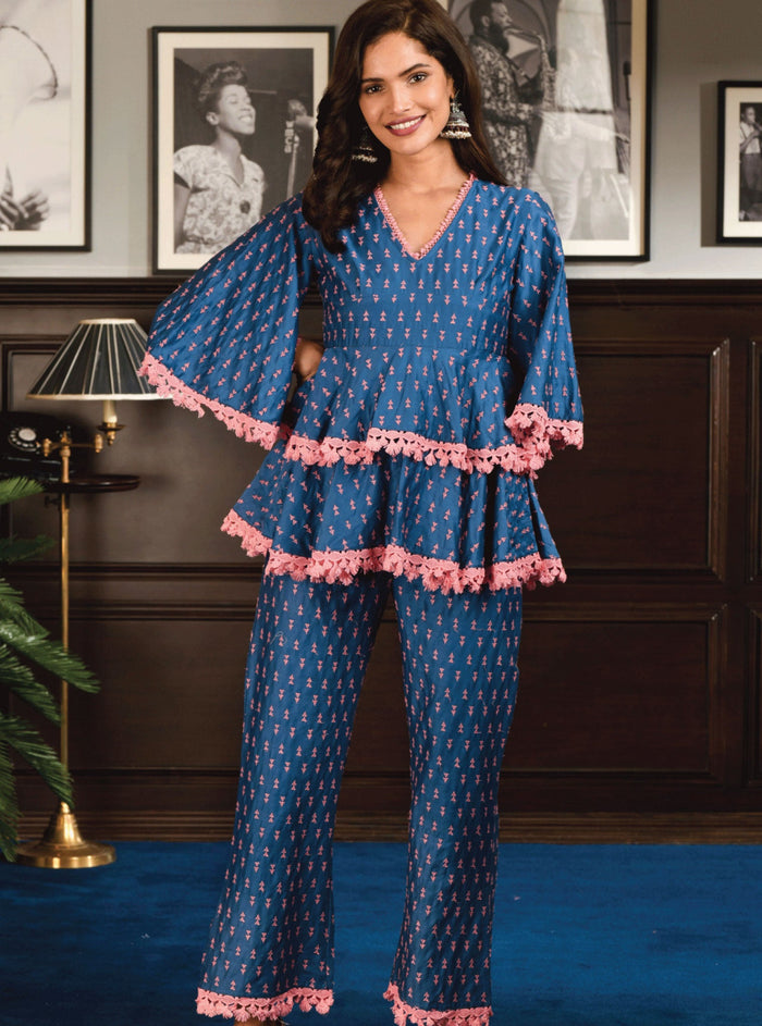 Pima Satin Ancel Kurta With Ancle pyajama Blue