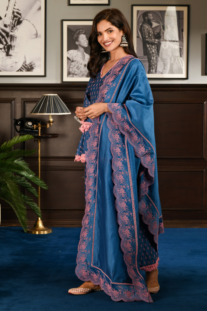 Pima Satin Ancel Kurta With Ancle pyajama Blue