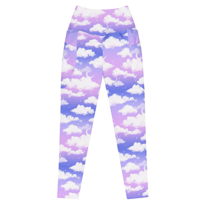 Cloudy Sky kawaii premium leggings with puffy white clouds and crescent moons on a pastel sky