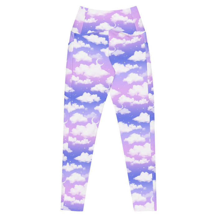 Cloudy Sky kawaii premium leggings with crescent moons and scattered stars on a pastel sky