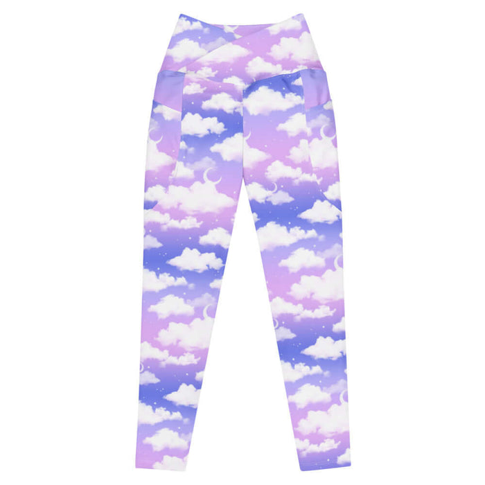 Cloudy Sky kawaii premium leggings with drifting clouds and tiny stars on a pastel sky