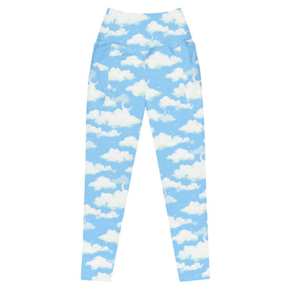 Cloudy Sky kawaii premium leggings with fluffy clouds and a crescent moon on a pastel sky