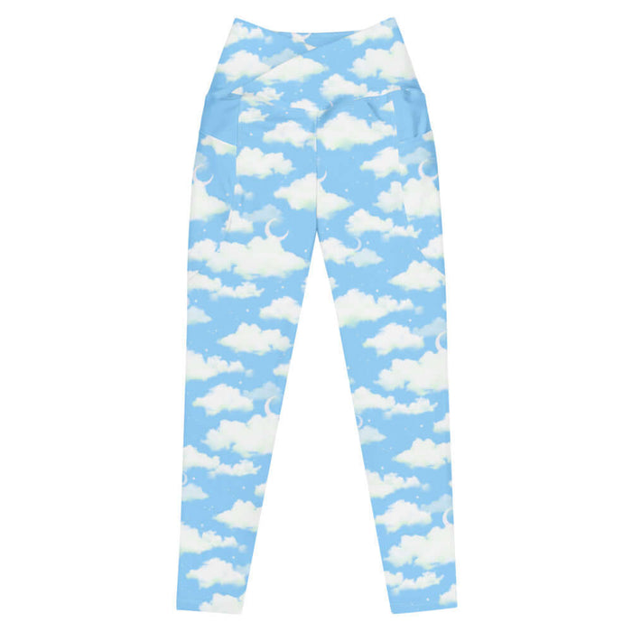 Cloudy Sky kawaii premium leggings with crescent moons and soft clouds on a pastel sky
