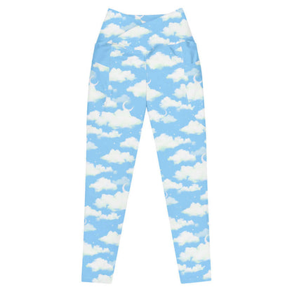 Cloudy Sky kawaii premium leggings with crescent moons and soft clouds on a pastel sky