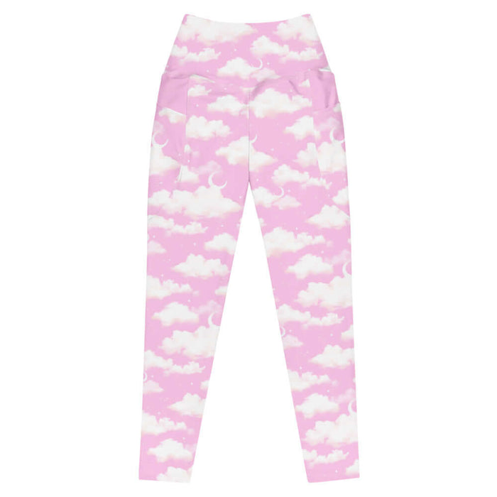 Cloudy Sky kawaii premium leggings in pink with white clouds and tiny stars