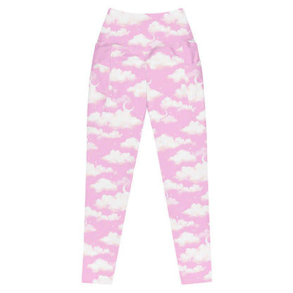 Cloudy Sky kawaii premium leggings in pink with white clouds and tiny stars