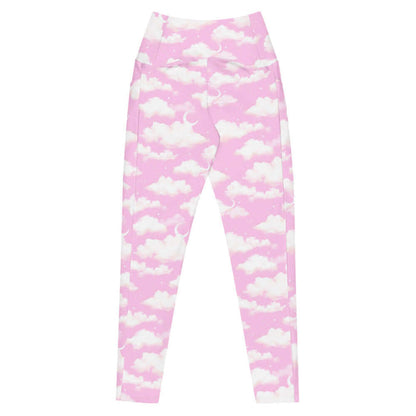 Cloudy Sky kawaii premium leggings in pink with fluffy cumulus clouds and crescent moons