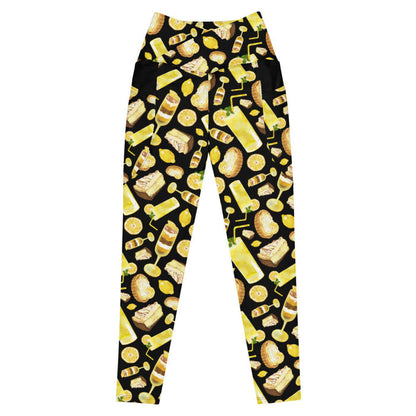 Lemon kawaii premium high-waisted leggings in yellow with a lemon meringue pie and glossy whole lemons