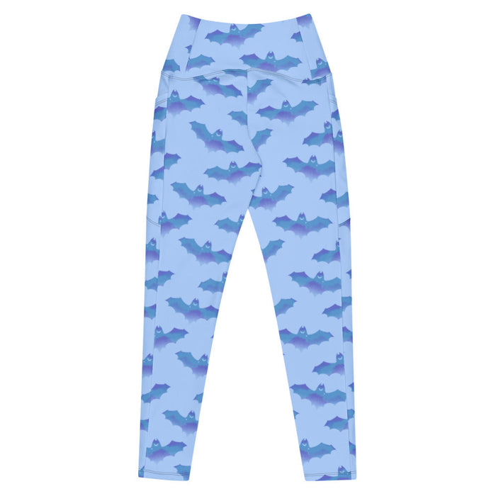 Lilith pastel-goth leggings in blue with bat print and pastel clouds