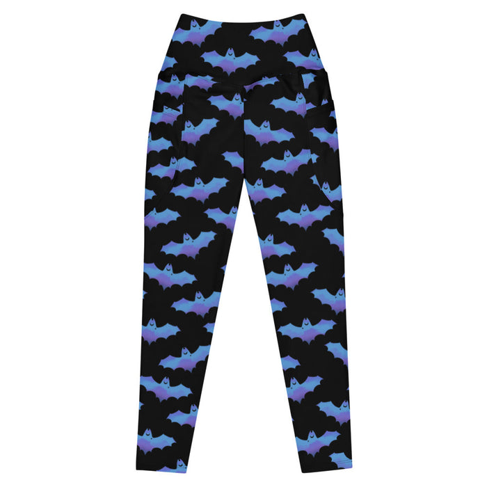 Lilith pastel-goth leggings in blue with watercolor bats and drifting clouds