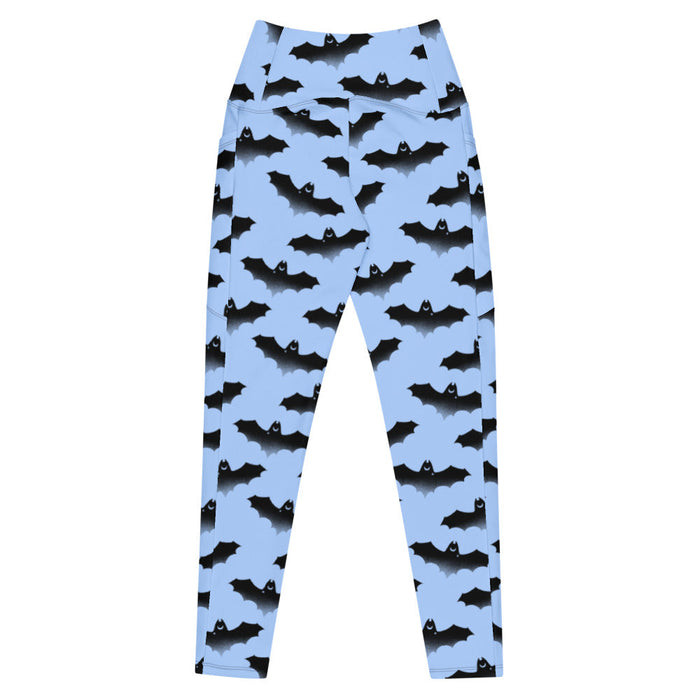 Lilith pastel-goth leggings in blue with bat print and pastel clouds