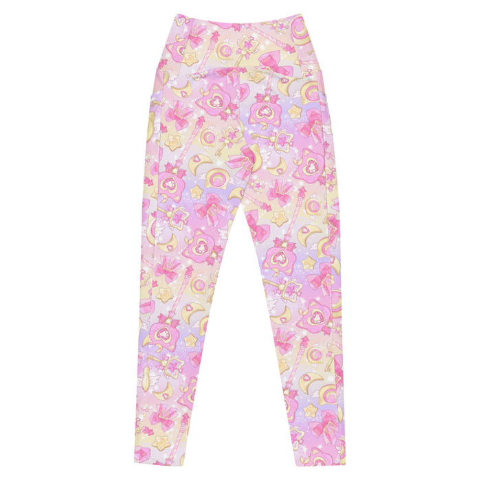 Magical Girl kawaii premium leggings in pink or purple featuring neko compacts and crescent moons