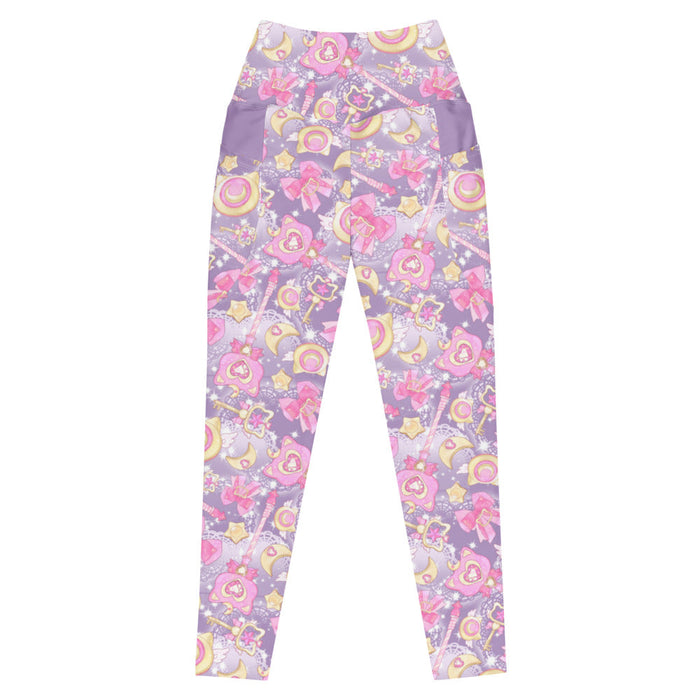 Magical Girl kawaii premium leggings covered in magic scepters and heart gems, in pink or purple