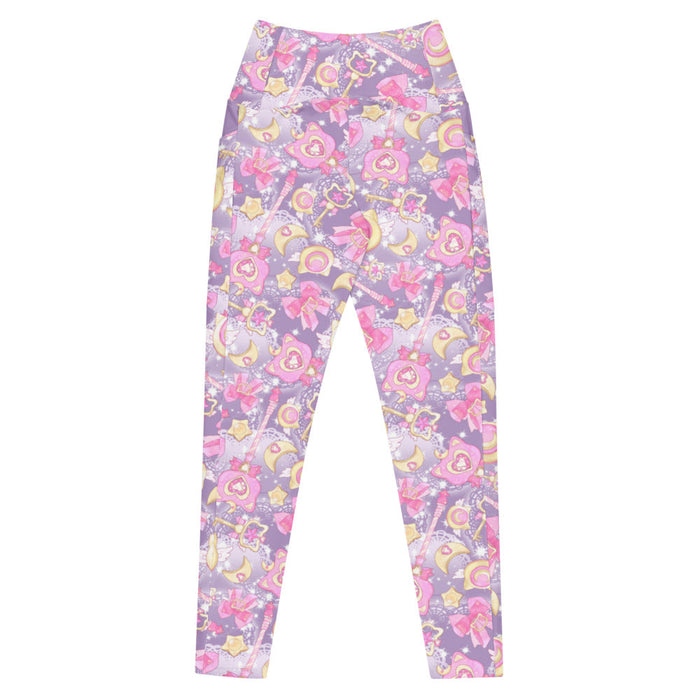 Magical Girl kawaii premium leggings in pink or purple, winged moon lockets and star keys print