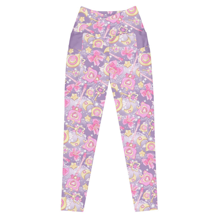 Kawaii Magical Girl premium leggings in purple with cat-ear compacts and pastel bows