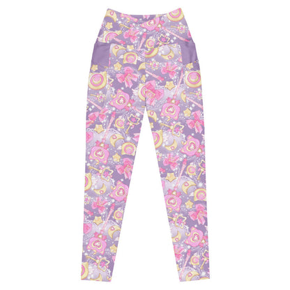 Kawaii Magical Girl premium leggings in purple with cat-ear compacts and pastel bows