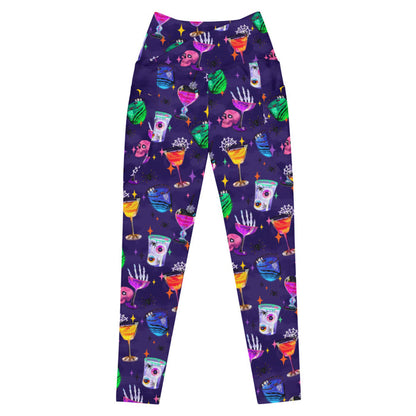 Monster Party alternative premium pocket leggings, crossover waistband, with eyeball drinks and heart-eyed skulls