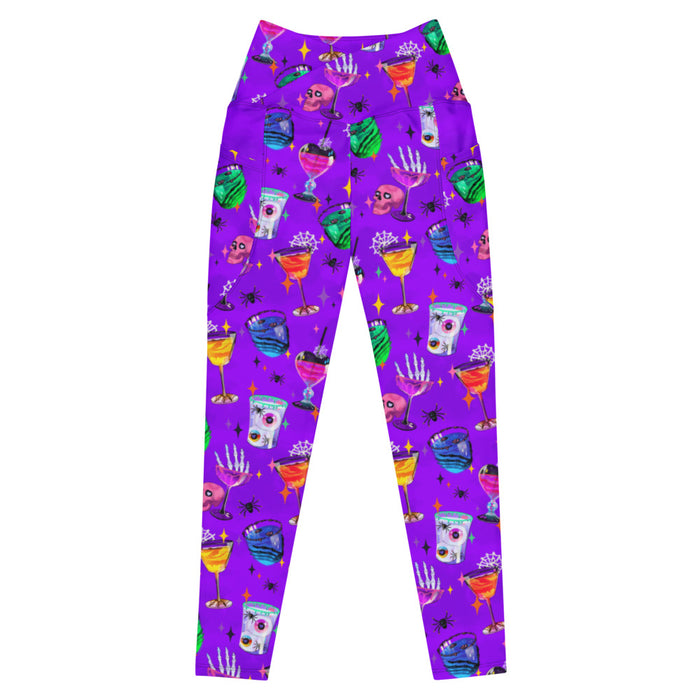 Monster Party alternative premium pocket leggings, crossover waistband, with cobweb-laced cocktail glasses and pink skulls