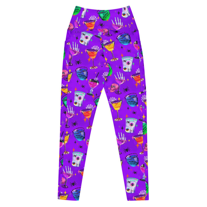 Monster Party alternative premium pocket leggings, back view, with haunted cocktails and crawling spiders in jewel tones
