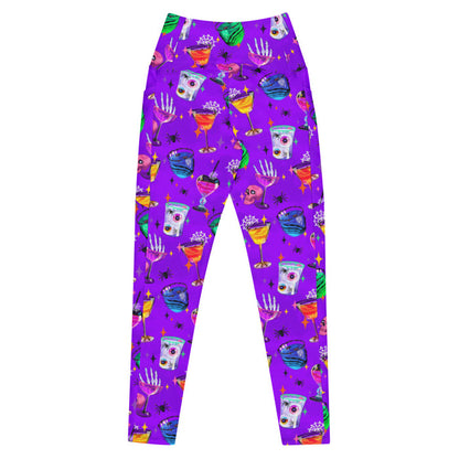 Monster Party alternative premium pocket leggings, back view, with haunted cocktails and crawling spiders in jewel tones