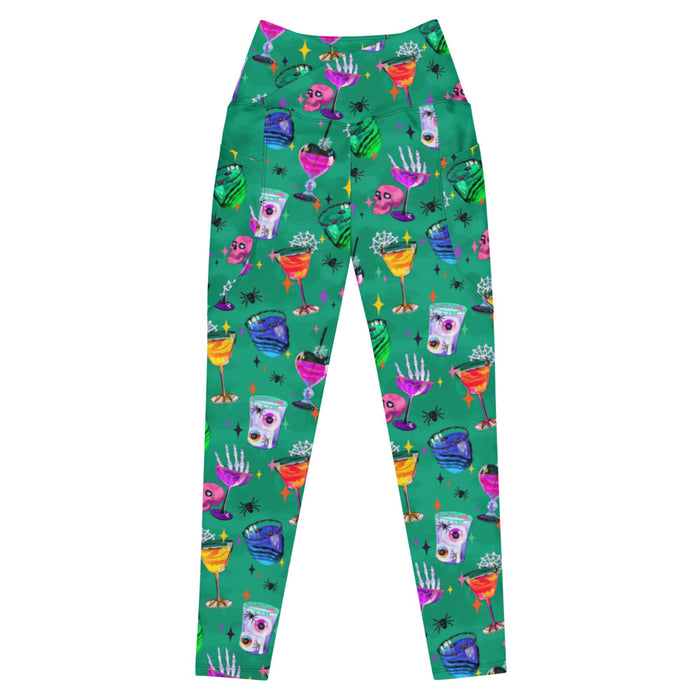 Monster Party alternative premium pocket leggings, crossover waistband view, with jewel-tone cocktails and spiderwebs