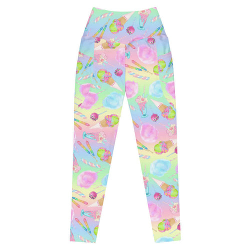Rainbow Candy kawaii premium high-waisted leggings in pastel rainbow with ice cream cones and cake pops