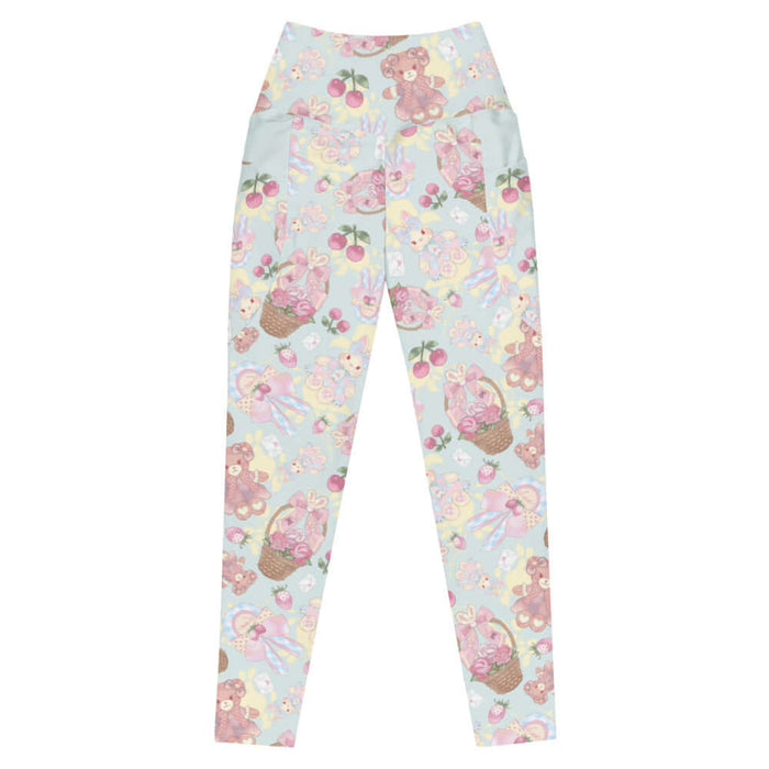 Sweet Teddy kawaii premium leggings in pastel with dress-wearing teddy bears and rose-filled baskets
