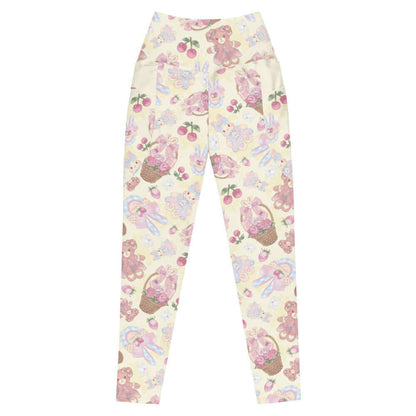 Sweet Teddy kawaii premium leggings in pastel with gingham-bow bunnies and strawberries