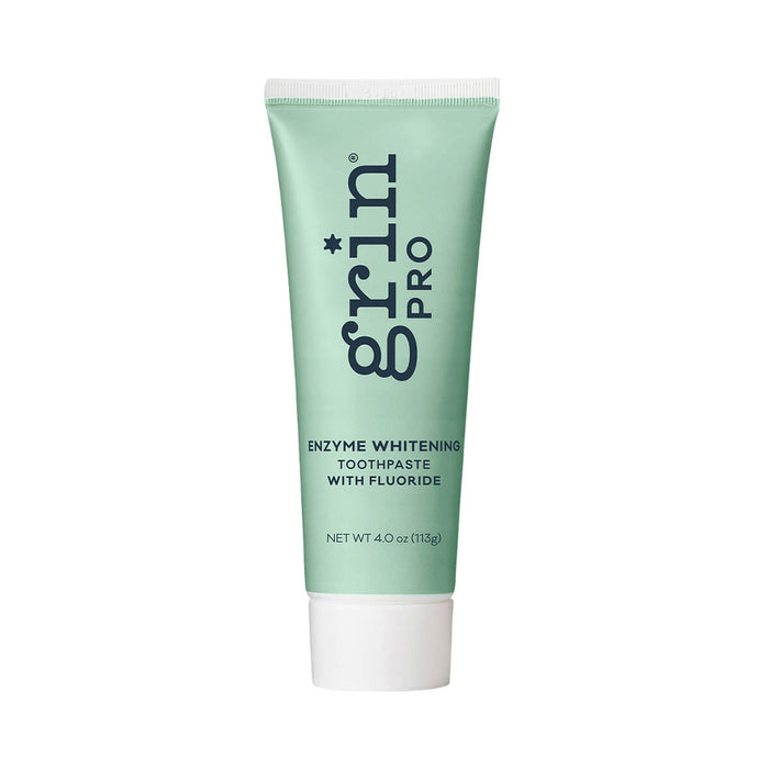 Front of 113g tube of Grin Pro Enzyme Whitening Toothpaste with Fluoride, a natural formula that removes stains, plaque, and freshens breath.