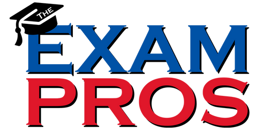 Logo of The Exam Pros with blue and red bold letters on a transparent background