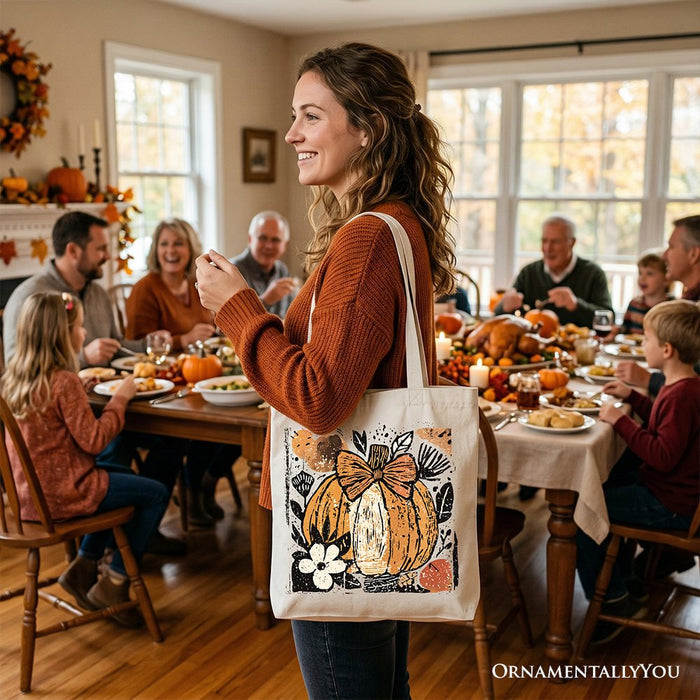 Pumpkin Fall Floral Tote Bag, Thanksgiving Coquette Bow Gift Shopper Tote Bag OrnamentallyYou