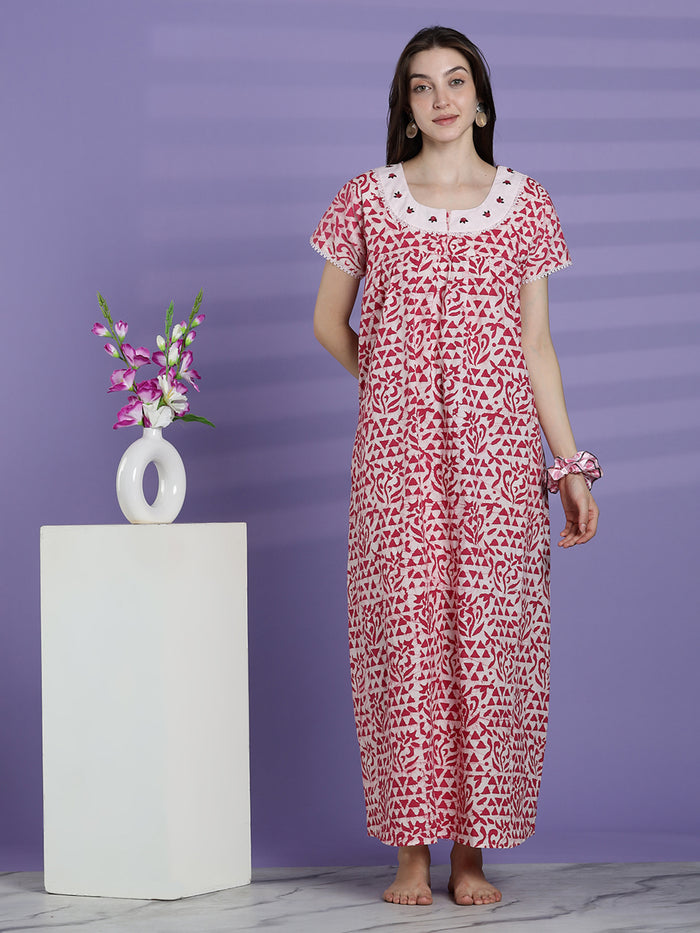 Pure cotton batik print night dress for women In white pink