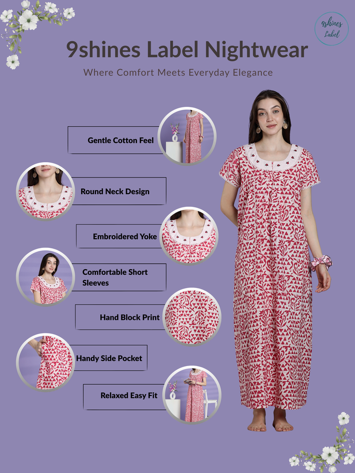 Pure cotton batik print night dress for women In white pink