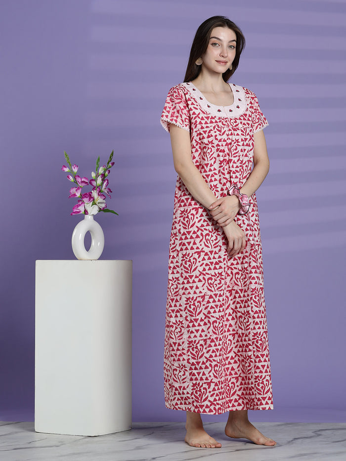 Pure cotton batik print night dress for women In white pink
