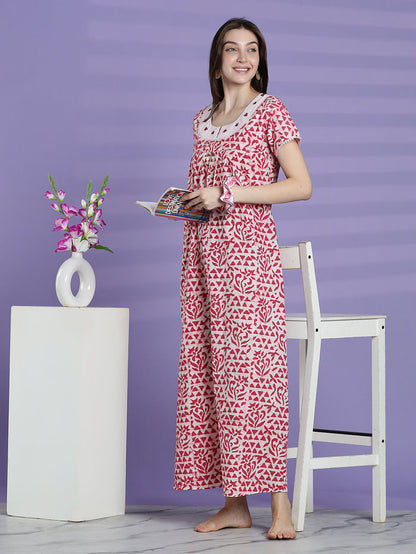 Pure cotton batik print night dress for women In white pink