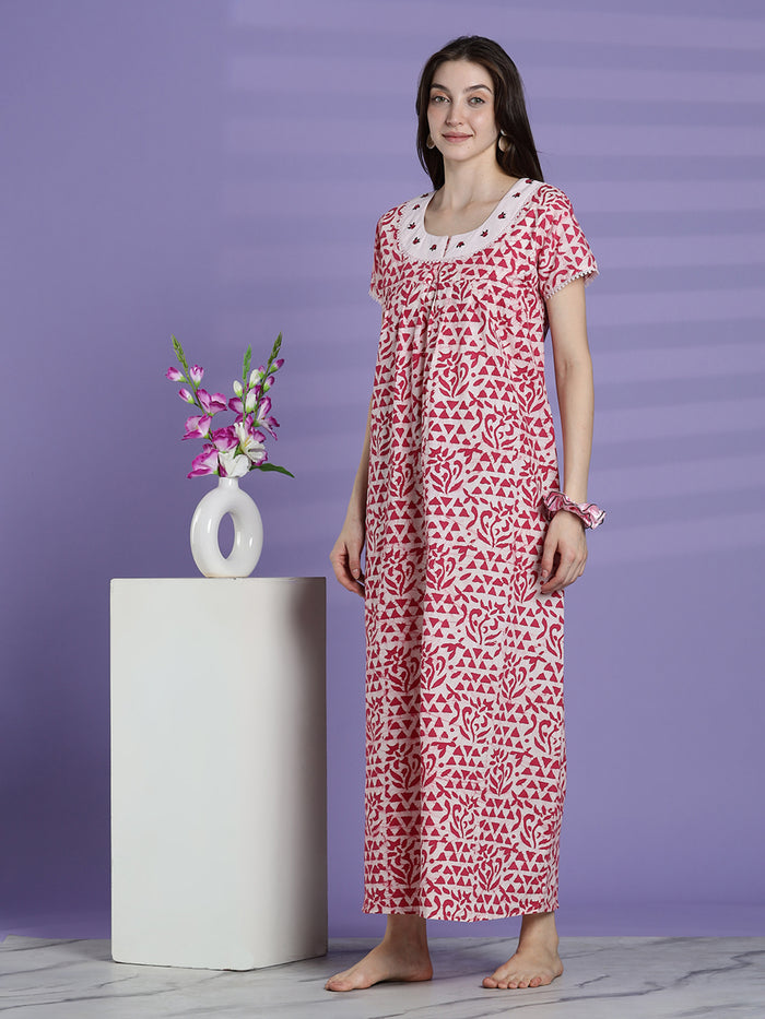 Pure cotton batik print night dress for women In white pink