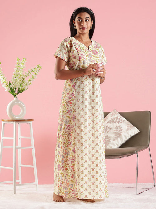 Cream Floral Premium Jaipuri Pure Cotton Nighty with Pocket