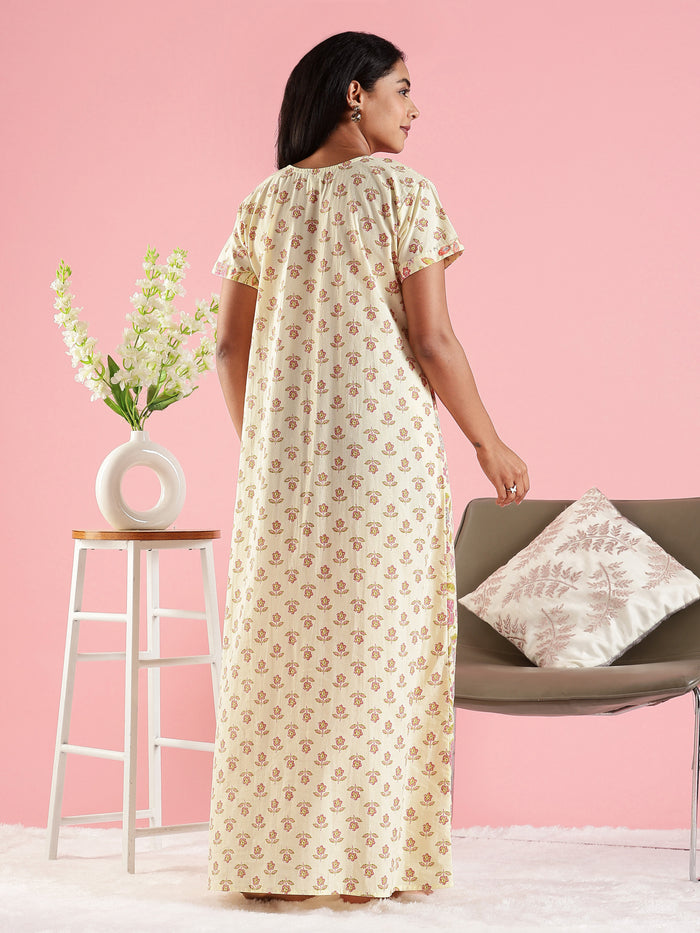 Cream Floral Premium Jaipuri Pure Cotton Nighty with Pocket