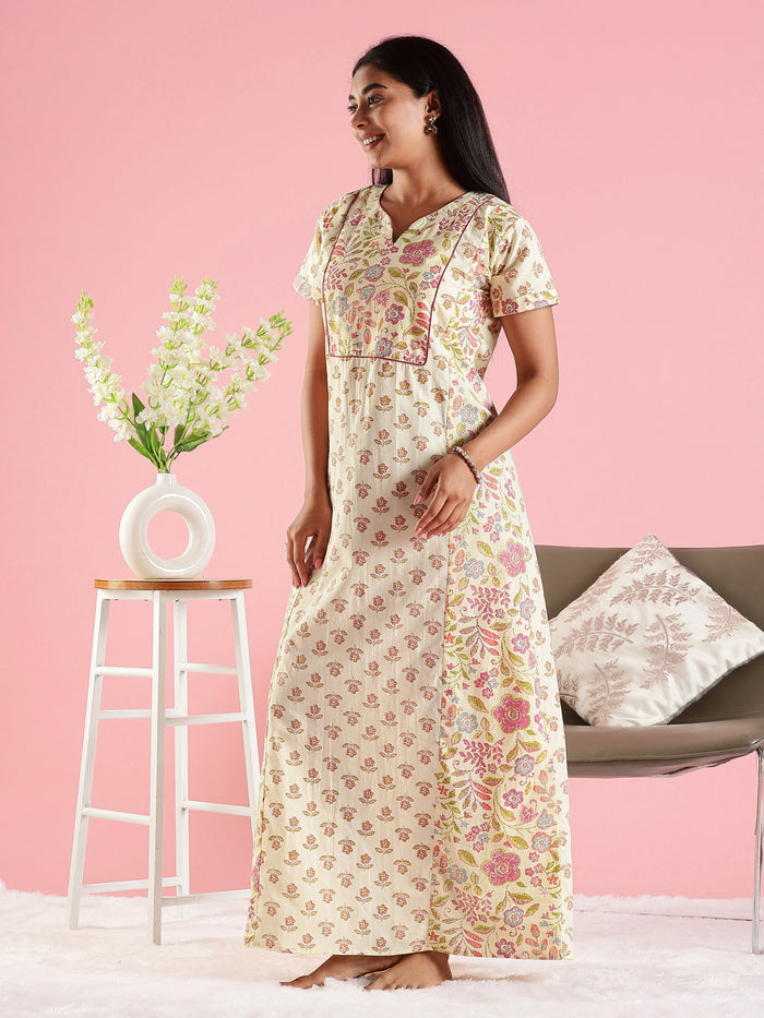 Cream Floral Premium Jaipuri Pure Cotton Nighty with Pocket