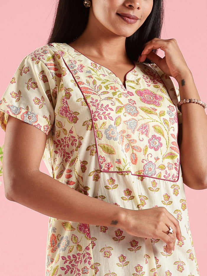 Cream Floral Premium Jaipuri Pure Cotton Nighty with Pocket