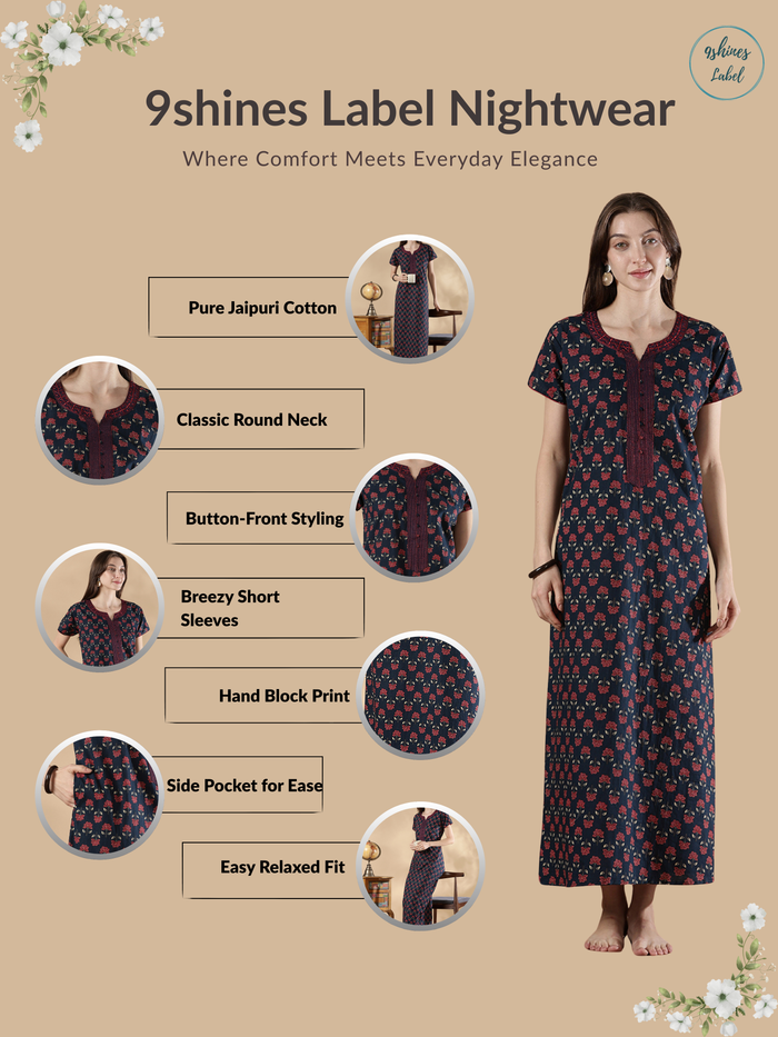 Indigo floral print pure cotton summer night dress for women