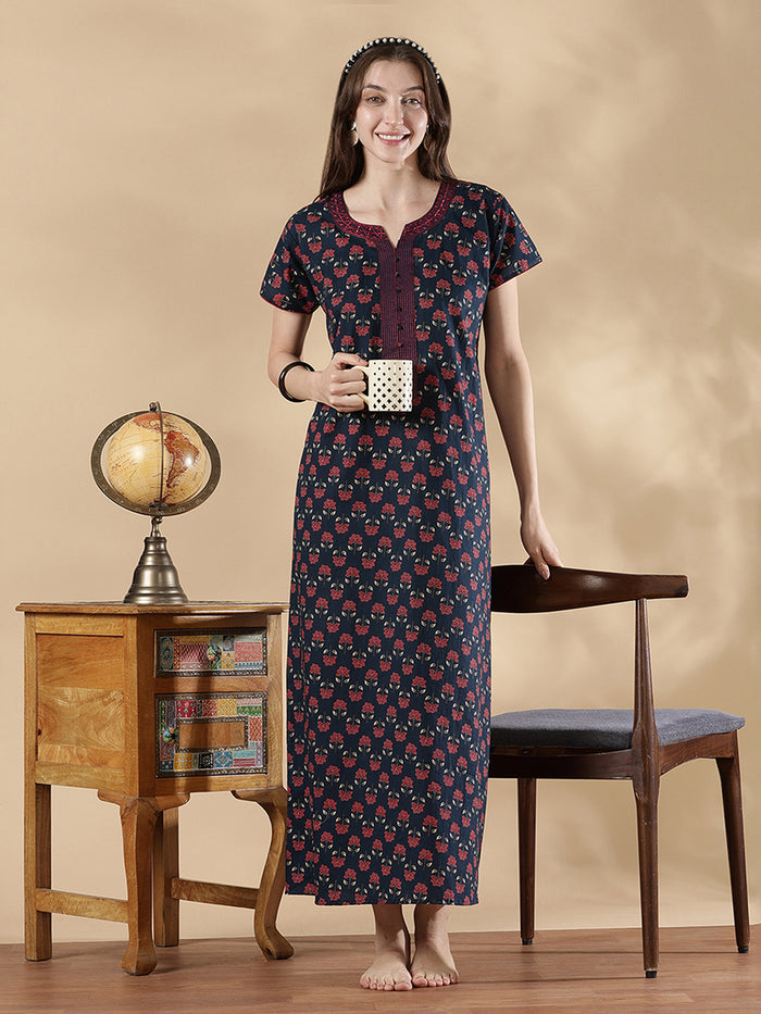 Indigo floral print pure cotton summer night dress for women