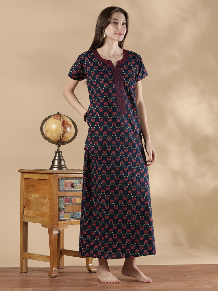 Indigo floral print pure cotton summer night dress for women